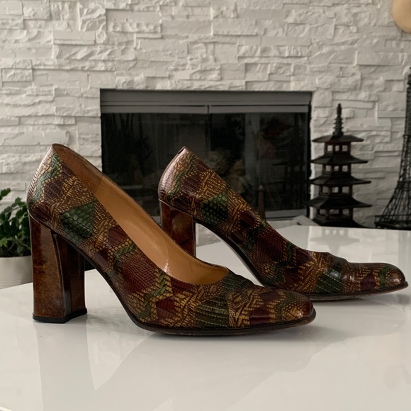 Vintage 90s Gianmarco Lorenzi Snakeskin Pumps Square Toe Heels EU 39.5 US 8.5 - Picture 4 of 11